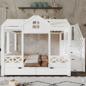 Lit Superpos&eacute;s 90 x 200 cm et 140 x 200 cm pour 2 Personnes Lit Enfant avec 2 Tiroirs Armoire avec Escalier et 4  LITS SUPERPOSES