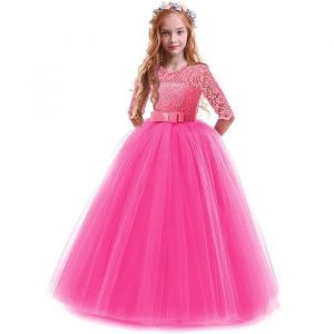 Robe de Princesse C&eacute;r&eacute;monie Fille Longue en Dentelle Robe de Soir&eacute;e Mariage Tulle Manches 3/4 Pour Anniversaire F&ecirc;te - Rose Rouge