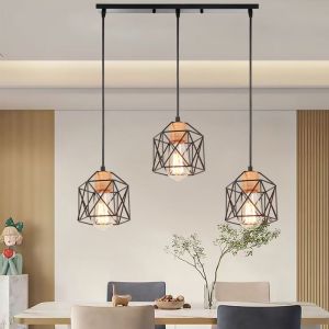 Suspension Luminaire Industrielle 3 Lampes Vintage E27 Lustre en M&eacute;tal Bois avec une barre 50cm Noir pour Salon Chambre Cuisine