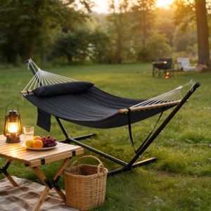 WOLTU Hamac avec Support pour 2 Personnes - Charge jusqu&agrave; 250 kg - pour Int&eacute;rieur Ext&eacute;rieur - Anthracite