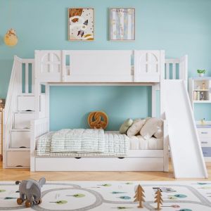 Lit Superposé Multifonction Blanc 90x200 Pin + MDF- Lit Bébé Fenêtre Toboggan Escalier 4 Casiers & Tiroirs Roulettes(sans