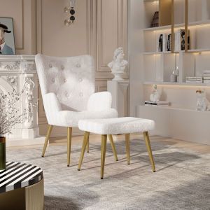 Fauteuil ScandinaveChaise Rembourré avec Repose-Pieds et AccoudoirsTissu BeigePieds en MetalPour SalonChambreSalle à manger