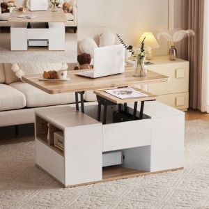 Table basse relevable bois 100x51x47cm Table basse extensible salon avec 2 plateaux 2 tiroirs 3 compartiments et 2 portes - blanc