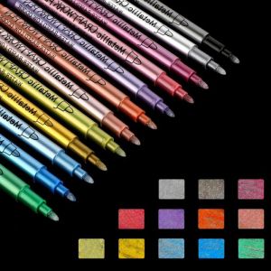Lot de 12 stylos m&eacute;tallis&eacute;s de 1 &agrave; 2 mm - Marqueurs permanents - Convient pour album photo - &Agrave; personnaliser soi-m&ecirc;me