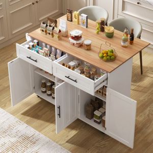 Desserte Îlot de Cuisine sur 5 Roulettes - Chariot de Cuisine avec 2 Tiroirs et 3 Portes Plan de Travail Pliable Buffet - Blanc
