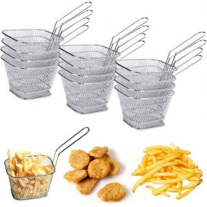 Lot de 12 mini paniers &agrave; frites en acier inoxydable - Support &agrave; frites - Petit panier &agrave; frites carr&eacute; avec poign&eacute;e - Panier