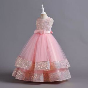 Robe Princesse Fille de C&eacute;r&eacute;monie Paillettes Sans Manches Robe de Mariage Avec Ceinture Noeud Papillon - Rose