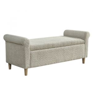 Banc de Rangement en Tissu Boucl&eacute; Camel &ndash; Banquette Coffre avec Accoudoirs et Pieds en Bois &ndash; Bout de Lit &ndash; 127x51x52 cm