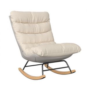 Fauteuil &agrave; Bascule Fauteuil relax avec coussin lin Rocking chair pieds en bois massif pour Salon Chambre Beige