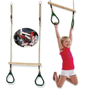Trapèze en bois avec anneaux de gymnastique en plastique aire de jeux intérieure et extérieure balançoire 2 en 1