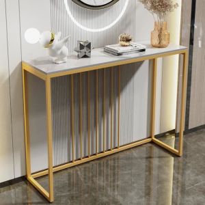 Table Console Entree en Marbre Blanche Cadre en Fer pour Salon Entrée Couloir