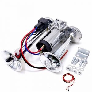YIYIDA Klaxon 12V klaxon a air Double tube Argent klaxon&eacute;lectrique de voiture Klaxon160DB Zinc Chrom&eacute; Avec moteur de pompe &agrave; air