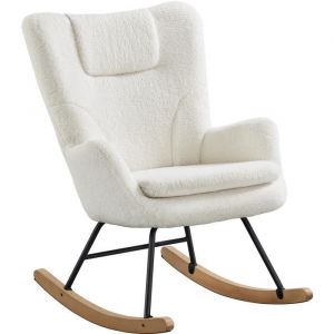 Yaheetech Fauteuil &agrave; Bascule Scandinave &agrave; Haut Dossier Chaise &agrave; Bascule en Tissu Boucl&eacute; Blanc