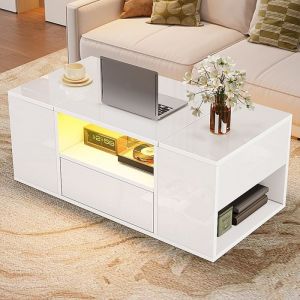 Table basse brillante blanche 100x50x40cm Table dappoint salon en bois avec &eacute;clairage LED 1 tiroir 2 portes 3 compartiments