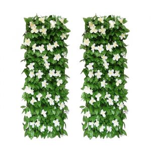 Haie Artificielle Extensible 40x20cm avec Fleurs Blanches Cl&ocirc;ture D&eacute;corative &agrave; Feuillage Dense en Bois et Plastique pour Jardin