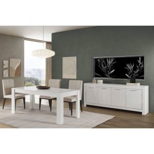 DENAE - Ensemble S&eacute;jour Laqu&eacute; Blanc Brillant Table 190cm + Buffet 4 Portes