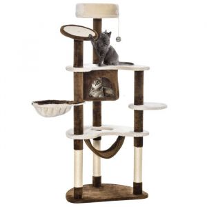 Arbre à chat XXL，Hauteur 153cm，Grand arbre à chat en bois avec un design moderne，Pour le jeu et la détente，Brun