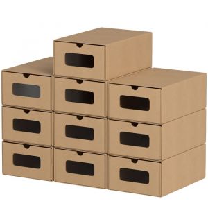 Ikodm 10X Boîte à chaussures Empilable Papier boites cubes rangement à chaussures avec tiroir Marron BOITE DE RANGEMENT