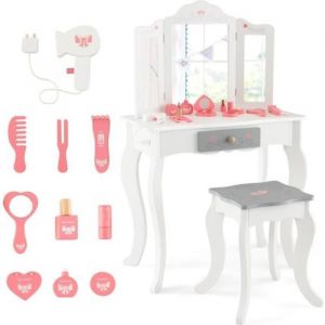 DREAMADE Coiffeuse Enfant Fille avec Tabouret Miroir Pliable et Amovible 1 Tiroir 10 Accessoires de Jouets pour 3+ Ans Blanc