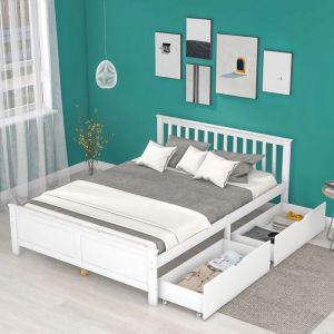 Lit double 140x200 cm Lit coffre 2 personnes Lit pour adolescent lit pour adulte avec tiroirs de rangement cadre en pin blanc
