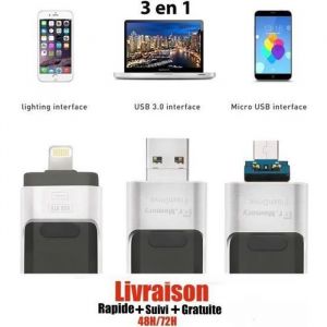 Cl&eacute; USB 64 go 3 en 1 Compatible IOS/Android Pour Apple Iphone X/8/7/6/5 Samsung/Ipad/Macbook/Windows/PC/Tablet OTG Flash Pen