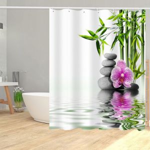 Rideau de douche Motif  zen bambou lac galets et fleur anneaux inclus 3D effect imperméable 180 x 200 cm