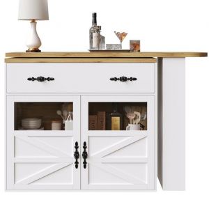 Table de bar extensible (138-204x39x104cm) rotative 360&deg; moderne avec rangement &icirc;lot bistrot haut buffet &eacute;tag&egrave;res blanc