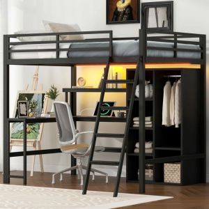 Lit mezzanine adulte 140x200 cm Lit enfant Lit loft m&eacute;tal avec lumi&egrave;re LED bureau &eacute;tag&egrave;re armoire compartiment ports USB - noir