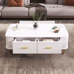 Table basse - 105x51x38 cm - Blanc - Poign&eacute;es dor&eacute;es - Coins arrondis - 4 tiroirs