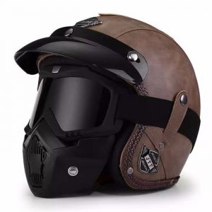 Casque de moto r&eacute;tro &mdash; AProsp &mdash; CM536 &mdash; Casque de moto classique en cuir de style cruiser marron + visi&egrave;re anti-vent + mentonni&egrave;re