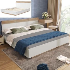 Lit double 180×200 cm 2 personnes avec tête de lit et sommier à lattes chêne/blanc (matelas non inclus)