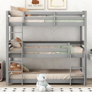 Lit superposé 3 places 90 x 200 cm Lit enfant Lit triple en bois avec Sommiers à lattes Barrières Escalier - gris