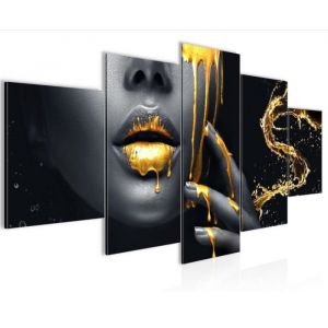 Impressions sur Toile Tableau Bouche Or Noir 200 x 100 cm 5 Parties Decoration Murale Dessin Femme Sans cadre
