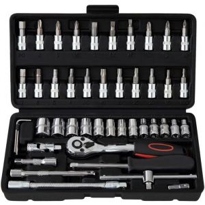 46 pcs Cr-V Kit de Cle plate a cliquet et Clé à douilleClé à Cliquet 1/4 72 dentsClé plate à cliquet avec Boite a outils Odipie