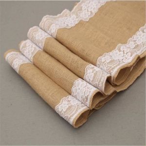 Chemin de table - Lot de 3 - Toile de jute et dentelle - 30 x 275 cm - Marron et rose - Style Campagne