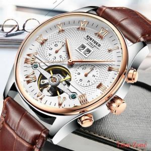 KINYUED Squelette Tourbillon MéCanique Montre Automatique Hommes Classique Rose Or Cuir MéCanique Poignet Montres