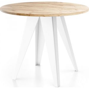 Table à manger extensible – Griffin – Ronde – Chêne Craft – Pieds métal blanc – Style industriel – 90-130 x 90 x 76 cm