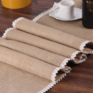 Chemin de table en toile de jute cr&egrave;me et dentelle 12x108 Nappe en jute pour d&eacute;coration de cuisine Farmhouse