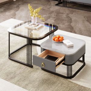 Table basse lot de 2 - noir et gris - Aapaas - avec tiroirs de rangement - aspect marbre lisse et plateau en verre - pieds noirs