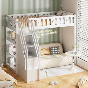 Lit Mezzanine 1 Place avec Escalier de Rangement Lit Enfant 90x200 cm Etagères Lit Mi Hauteur Sommier à Lattes Pin Bois Gris