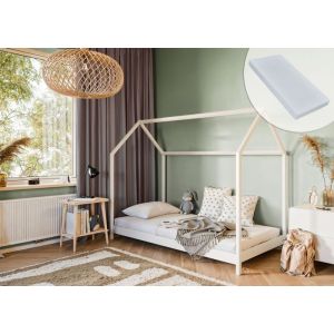 Lit cabane enfant 90x200 cm- Structure de lit en bois massif avec sommier + matelas - Lit au sol - Lit Montessori - Blanc