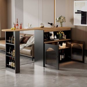 Table De Bar Extensible -138-193x39x105 - Pivotante &Agrave; 360&deg; - Bar De Rangement- LED Et 2 Tiroirs Pour Salon Salle &Agrave; Manger Bureau