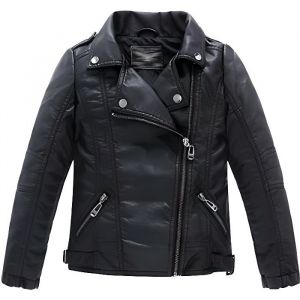 Blouson Simili Cuir Garçon Fille - FINDPITAYA - Perfect Imitation Cuir - Veste Motard Enfant Noir