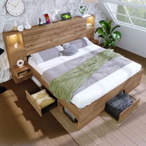 MODFU Lit avec tiroirs lit adulte 180x200 cm avec 3 tiroirs 2 tables de chevet LED et port USB Type-C bois ch&ecirc;ne. san matelas