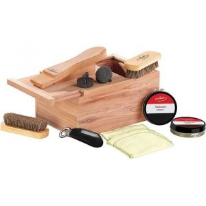 Coffret &agrave; cirage en bois de c&egrave;dre avec repose-pied int&eacute;gr&eacute; - Avec accessoires