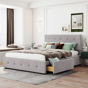 Lit double capitonné 180 x 200 cm en simili cuir blanc avec 2 tiroirs Sommier à lattes en bois Décor avec boutons et rivets