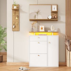 Ensemble de Vestiaire d&rsquo;Entr&eacute;e - avec LED - 3 Pi&egrave;ces - Miroir - Porte-Manteau - Meuble &agrave; Chaussures - Blanc et Bois - MERAX