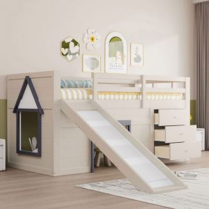 Lit Mezzanine Bas 90x200 cm avec Toboggan 3 Tiroirs et 2 Portes Lit Enfant Mi-Hauteur en Bois Massif et MDF Beige(Sans Matelas)