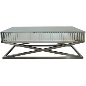 Table basse design plateau et contour en miroir avec un piètement croisée en acier inoxydable poli L. 130 x P. 70 x H. 40 cm