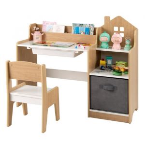 Bureau Enfant avec Chaise - COSTWAY - &Eacute;tag&egrave;res Ouvertes - Tiroir et Bac de Rangement en Tissu - 2 Compartiments